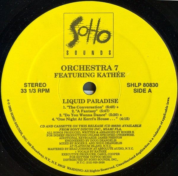 Image of Back Cover of LP - VG/VG - ORCHESTRA 7 FEATURING KATH E, Liquid Paradise (Soho Sounds; SHLP 80830, US 1992, Stickered Plain Sleeve, Limited Edition), Still In Opened Shrinkwrap,  - 2246032S