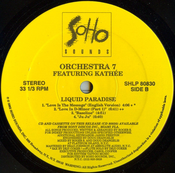 Image of Label Cover of LP - VG/VG - ORCHESTRA 7 FEATURING KATH E, Liquid Paradise (Soho Sounds; SHLP 80830, US 1992, Stickered Plain Sleeve, Limited Edition), Still In Opened Shrinkwrap,  - 2246032S