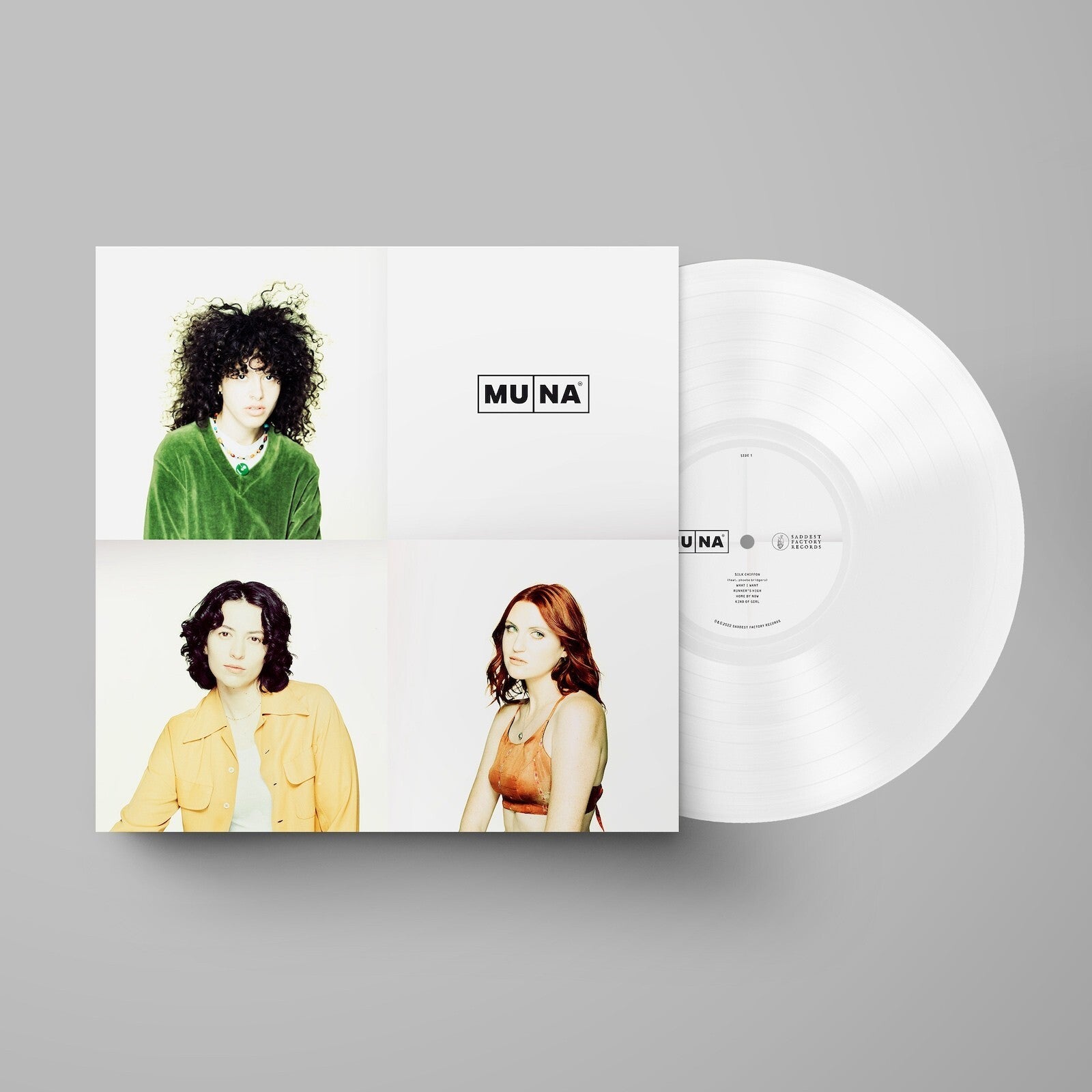 Image of Back Cover of LP - NEW/NEW - MUNA, Muna (SADDEST FACTORY; SAD005LP-C2, Europe 2026 Reissue, Opaque White Vinyl), , MUNA is magic. What other band could have stamped the forsaken year of 2021 with spangles and pom-poms, could have made you sing (and maybe evenbelieve) that “Life’s so fun, life’s so fun,” during what may well have been the most uneasy stretch of your life? “Silk Chiffon,” MUNA’s instant-classic cultsmash, featuring the band’s new label head Phoebe Bridgers, hit the gray skies of th