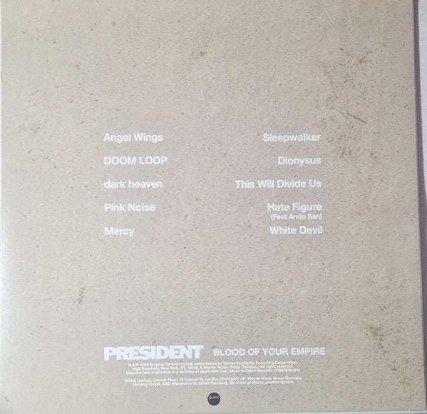 Image of Back Cover of LP - NEW/NEW - PRESIDENT, Blood Of Your Empire (Atlantic; 0075678583889, Europe 2026, Inner, Indie Exclusive Limited Edition Lemonade & Black Ice Splatter Vinyl), , PRESIDENT delivers the highly anticipated debut album Blood Of Your Empire - 10 tracks that delve into a world in crisis challenging mortality, faith and more. - 3556147S