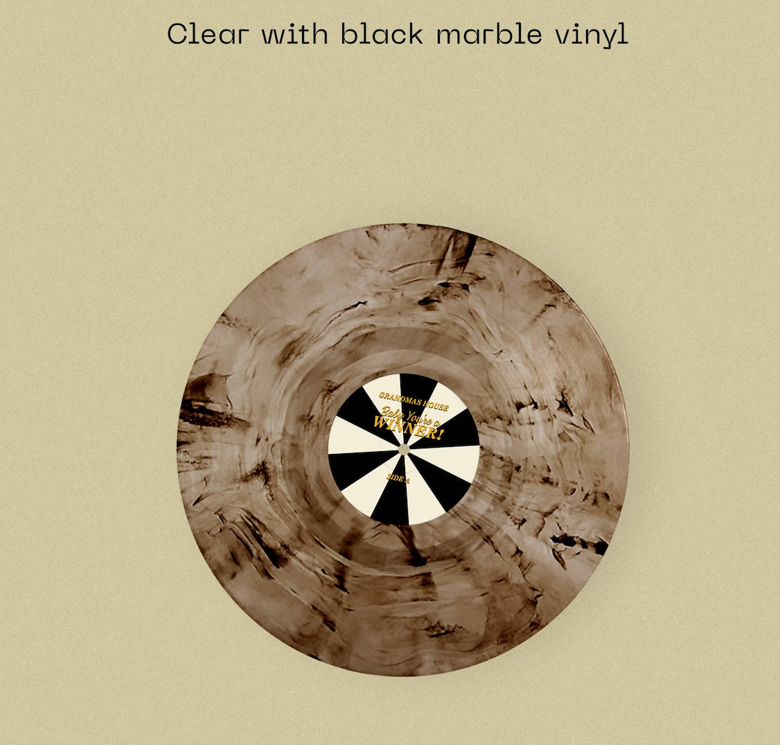 Image of Back Cover of LP - NEW/NEW - GRANDMAS HOUSE, Baby You re a Winner - Dinked Edition (Brace Yourself; BYREC64LPC1, UK 2026, White With Smoke Marble Vinyl, Limited Edition Pressing of 300, Dinked Edition No. 417, Set of four A6 art cards, with bespoke album iconography designs, 16 page lyric zine compiled by the band.), ,  Baby You re A Winner  is a perfect illustration of the elevated musicality of the album that bears its name. Linking up across the record s twelve tracks with producer Ali Chant (PJ