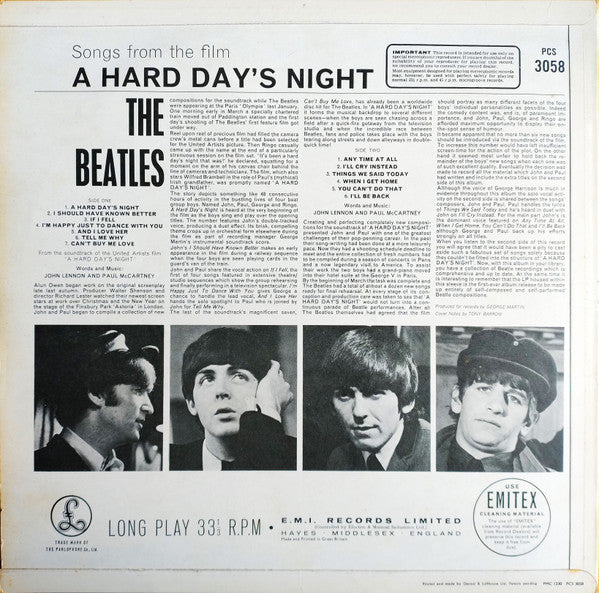 Image of Back Cover of LP - VG/G+ - THE BEATLES, A Hard Day's Night (Parlophone Black & Silver Labels With One EMI Box ; PCS 3058, UK 1969 Reissue, Laminated Flipback G&L Sleeve With Stereo On Front , Stereo), Strong G+, Light marks only, With EMI Inner, Nice sleeve, Just some light laminate bubbling in parts ,  - 2216064C
