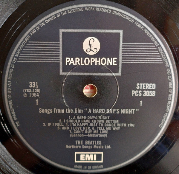 Image of Label Cover of LP - VG/G+ - THE BEATLES, A Hard Day's Night (Parlophone Black & Silver Labels With One EMI Box ; PCS 3058, UK 1969 Reissue, Laminated Flipback G&L Sleeve With Stereo On Front , Stereo), Strong G+, Light marks only, With EMI Inner, Nice sleeve, Just some light laminate bubbling in parts ,  - 2216064C