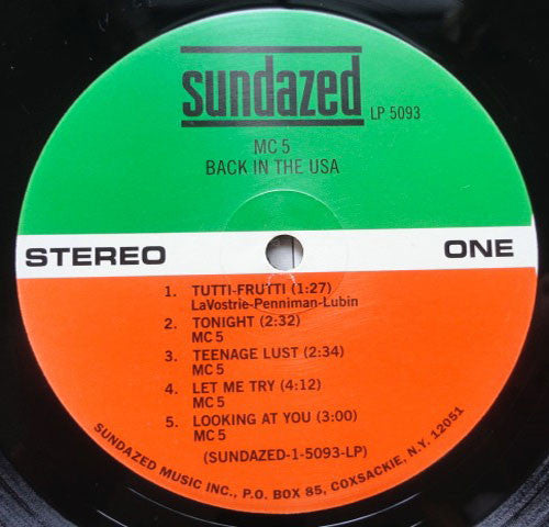 Image of Label Cover of LP - VG+/VG - MC5, Back In The USA (Sundazed; LP5093, US 2000s Reissue, 180 Gram Vinyl), Strong VG,  - 2126352E