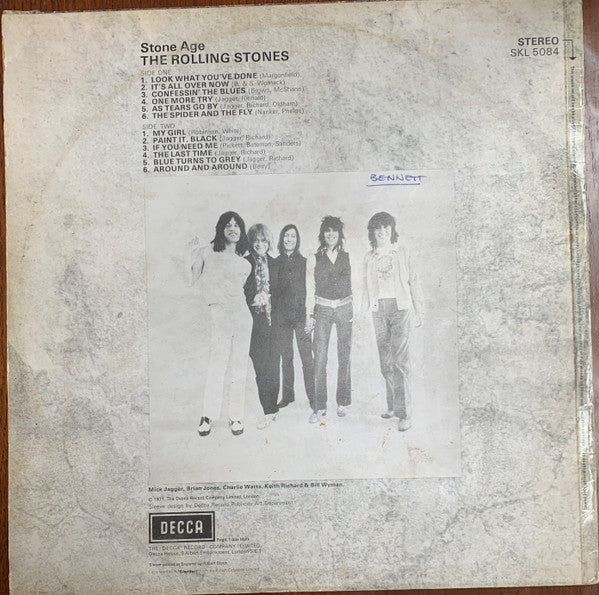 Image of Back Cover of LP - VG/VG - THE ROLLING STONES, Stone Age (Decca; SKL 5084, UK 1971, Laminated Front Sleeve), Sleeve rear has some tape down the spine and a small tear in opening section and some staining.,  - 2226025E