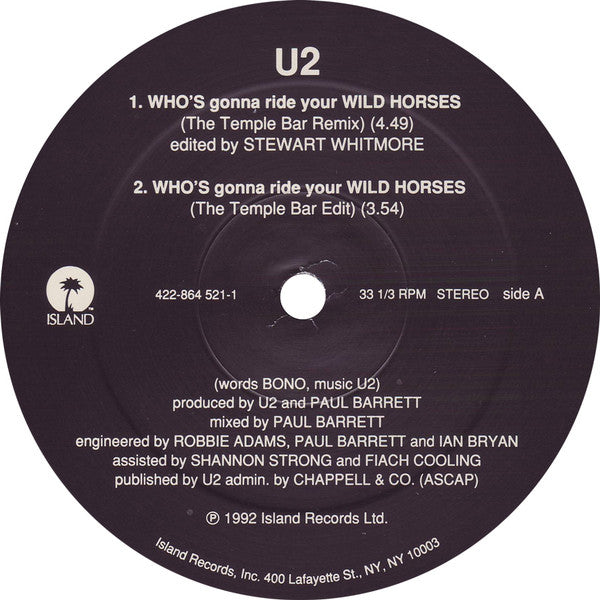 Image of Label Cover of 12" EP - VG+/VG+ - U2, Who's Gonna Ride Your Wild Horses (Island Records ; 422-864 521-1, US 1992, Pasted Print On Plain Sleeve), Slight Edge Wear,  - 2126344E