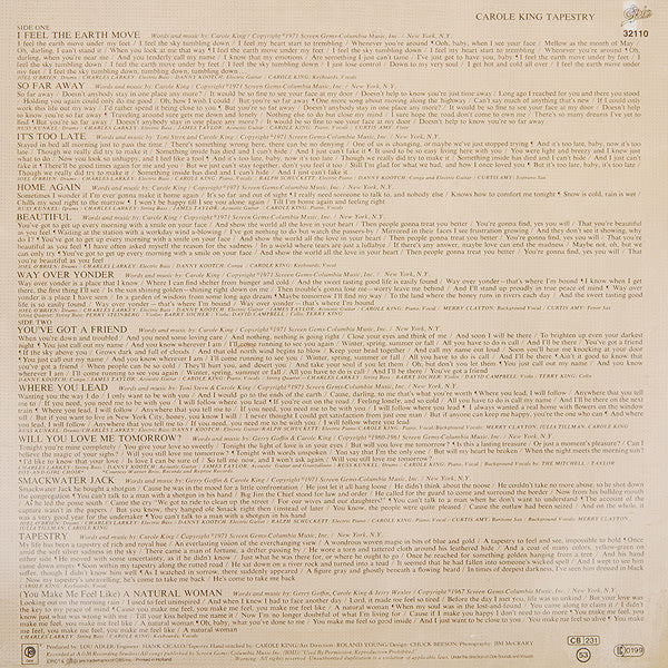 Image of Back Cover of LP - VG+/VG - CAROLE KING, Tapestry (Epic Grey Labels Large E; EPC 32110, Europe 1980s Reissue, Company Inner, Nice Price), Sleeve has light edge wear.,  - 3016189C