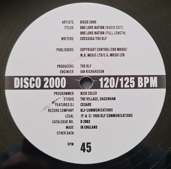 Image of Back Cover of 12" - VG+/VG+ - DISCO 2000, One Love Nation (KLF Communications; D 2002, UK 1988, Company Sleeve), ,  - 2226020E