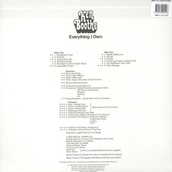Image of Back Cover of LP - VG+/VG+ - KEN BOOTHE, Everything I Own (Music On Vinyl; MOVLP1943, Europe 2017 Reissue, Limited Edition, Numbered, Orange, 180 gram), No. 000595,  - 2246087S