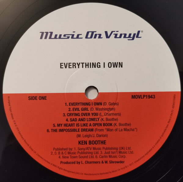 Image of Label Cover of LP - VG+/VG+ - KEN BOOTHE, Everything I Own (Music On Vinyl; MOVLP1943, Europe 2017 Reissue, Limited Edition, Numbered, Orange, 180 gram), No. 000595,  - 2246087S