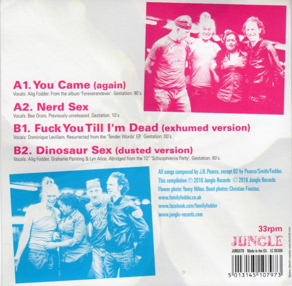Image of Back Cover of 7" - VG+/VG+ - FAMILY FODDER, Sex Works (Jungle Records; JUNG079, UK 2016, Picture Sleeve, Yellow Vinyl, Limited To 250), ,  - 2216049C