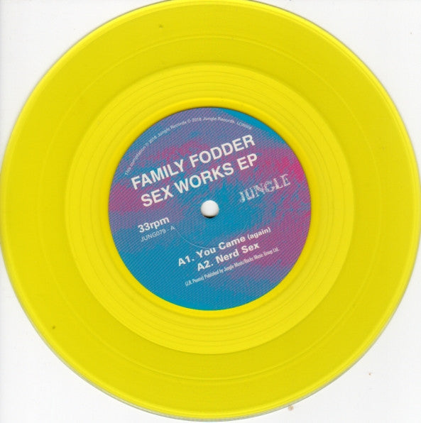 Image of Label Cover of 7" - VG+/VG+ - FAMILY FODDER, Sex Works (Jungle Records; JUNG079, UK 2016, Picture Sleeve, Yellow Vinyl, Limited To 250), ,  - 2216049C