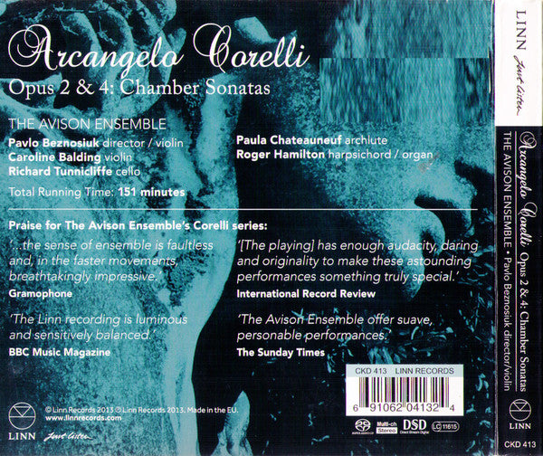 Image of Back Cover of 2xCD - VG+/VG+ - ARCANGELO CORELLI, THE AVISON ENSEMBLE, Opus 2 & 4: Chamber Sonatas (Linn Records; CKD 413, Europe 2013, SACD), ,  - 2236059E