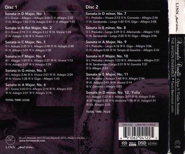 Image of Back Cover of 2xCD - VG+/VG+ - ARCANGELO CORELLI - THE AVISON ENSEMBLE, PAVLO BEZNOSIUK, RICHARD TUNNICLIFFE, PAULA CHATEAUNEUF, ROGER HAMILTON, Opus 5: Violin Sonatas (Linn Records; CKD 412, Europe 2013, Double Digipak, Booklet), ,  - 2236060E