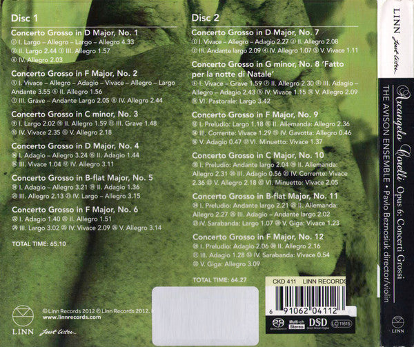 Image of Back Cover of 2xCD - VG+/EX - ARCANGELO CORELLI, THE AVISON ENSEMBLE, Opus 6: Concerti Grossi (Linn Records; CKD 411,  2012, Double Digipak, Booklet, SACD), ,  - 2236061E