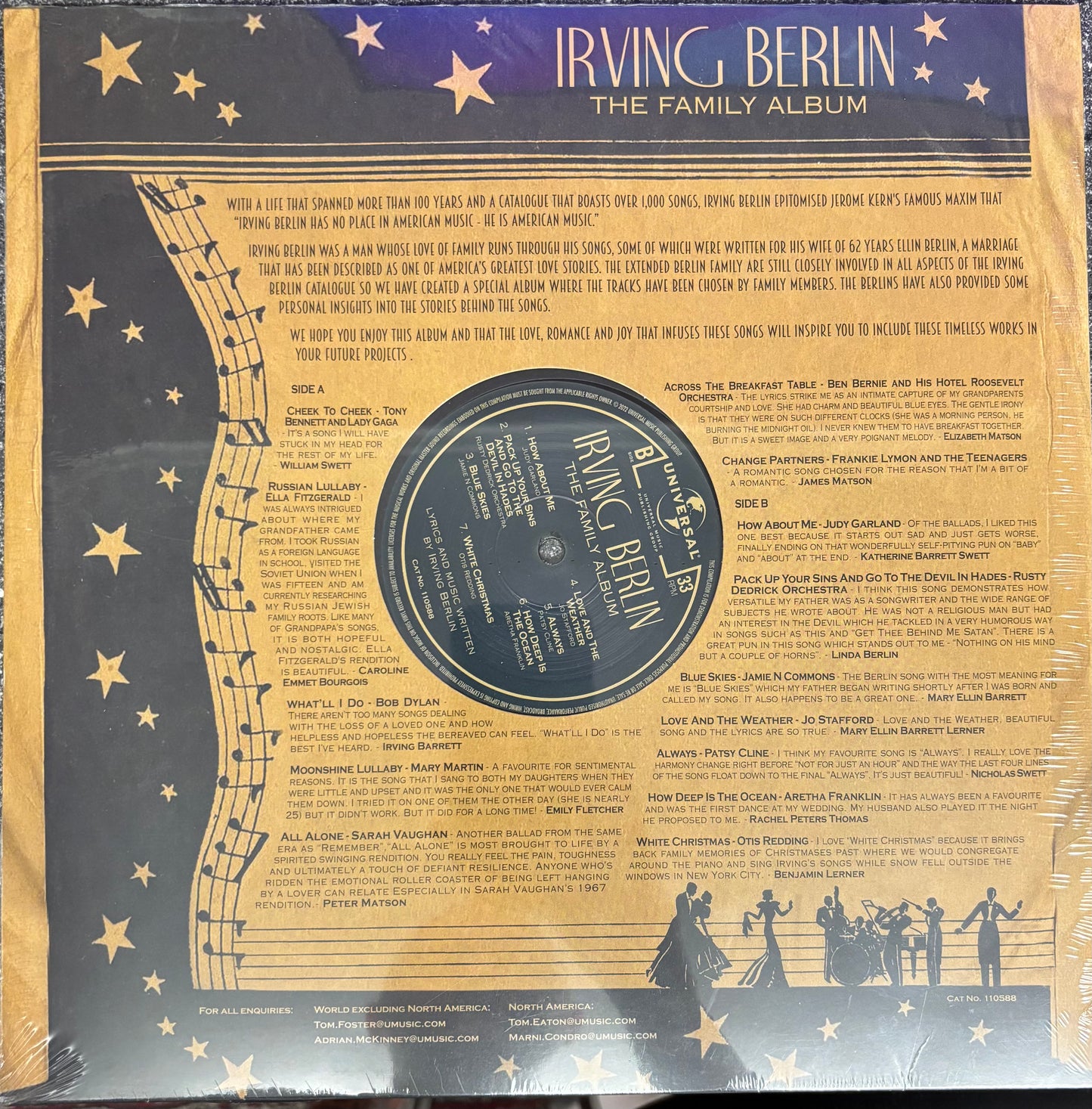 Image of Back Cover of LP - EX/EX - VARIOUS, Irving Berlin - The Family Album (Universal Music Publishing Group; 110588, UK 2022, Promo Only, Die Cut Sleeve, 14 tracks selected by memebrs of the Berlin family, inc Bob Dylan, Lady Gaga, Otis Redding, Aretha Franklin...), Opened Instore, Still In Shrinkwrap,  - 2246100S