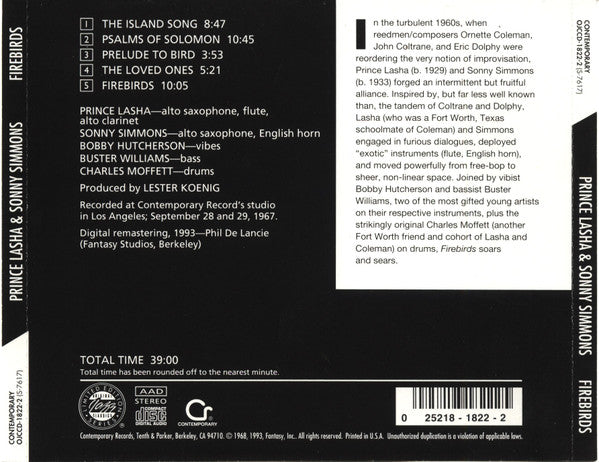 Image of Back Cover of CD - VG+/VG+ - PRINCE LASHA & SONNY SIMMONS, Firebirds (Original Jazz Classics; OJCCD-1822-2, US 1993, Jewel Case), ,  - 3056166S