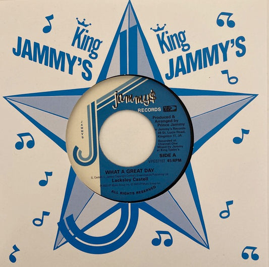 Image of Front Cover of 7" - EX/EX - LACKSLEY CASTELL / PRINCE JAMMY, What A Great Day / Throne of Blood (Jammy's Records; VPGS7107, UK 2023 Reissue, Company Sleeve), ,  - 2216174C