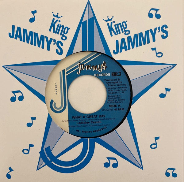 Image of Front Cover of 7" - EX/EX - LACKSLEY CASTELL / PRINCE JAMMY, What A Great Day / Throne of Blood (Jammy's Records; VPGS7107, UK 2023 Reissue, Company Sleeve), ,  - 2216174C