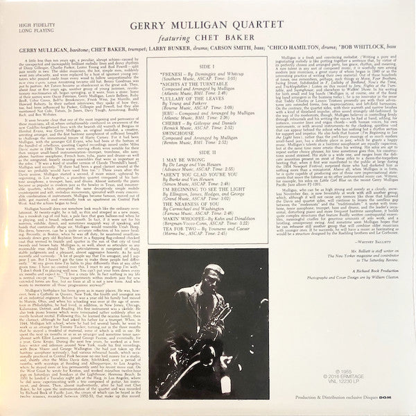 Image of Back Cover of LP - EX/VG+ - GERRY MULLIGAN QUARTET FEATURING CHET BAKER, Gerry Mulligan Quartet (Disques DOM; VNL 12230, Italy 2016 Reissue), ,  - 2226050E