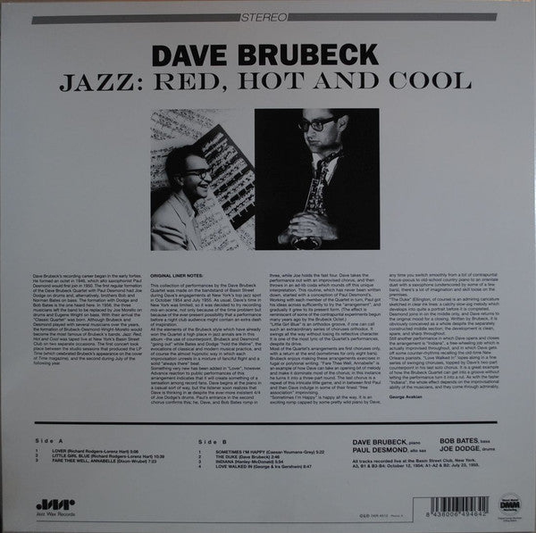 Image of Back Cover of LP - VG+/EX - THE DAVE BRUBECK QUARTET, Jazz: Red Hot And Cool (Jazz Wax Records; JWR 4512, Europe 2009 Reissue), ,  - 2226053E