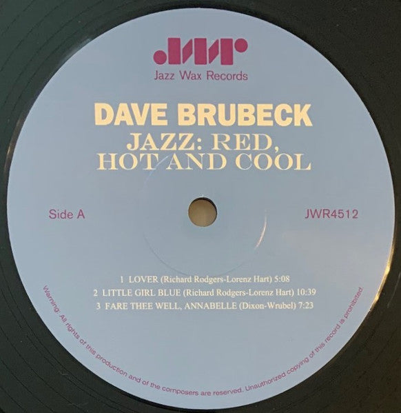 Image of Label Cover of LP - VG+/EX - THE DAVE BRUBECK QUARTET, Jazz: Red Hot And Cool (Jazz Wax Records; JWR 4512, Europe 2009 Reissue), ,  - 2226053E