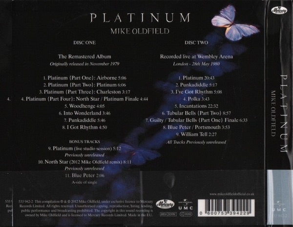 Image of Back Cover of 2xCD - EX/M - MIKE OLDFIELD, Platinum (Mercury; 533 942-2, Europe 2012 Reissue, Double Digipak, Booklet, Deluxe Edition), Still SEALED In Stickered Shrinkwrap. Old Security Tag On Rear Shrinkwrap.,  - 2216230C