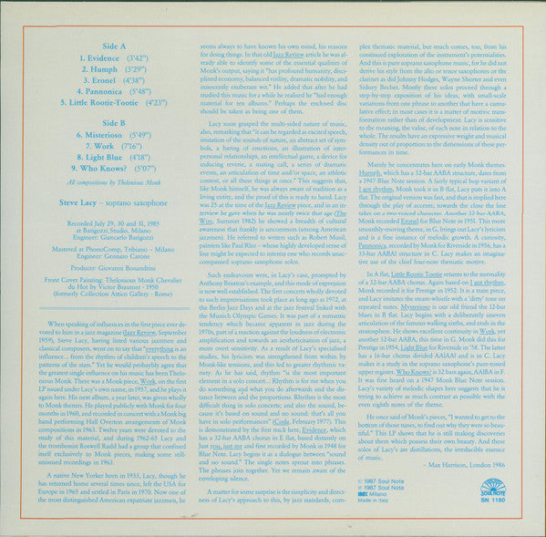 Image of Back Cover of LP - VG+/EX - STEVE LACY, Only Monk (Soul Note; SN 1160, Italy 1987), ,  - 2226057E