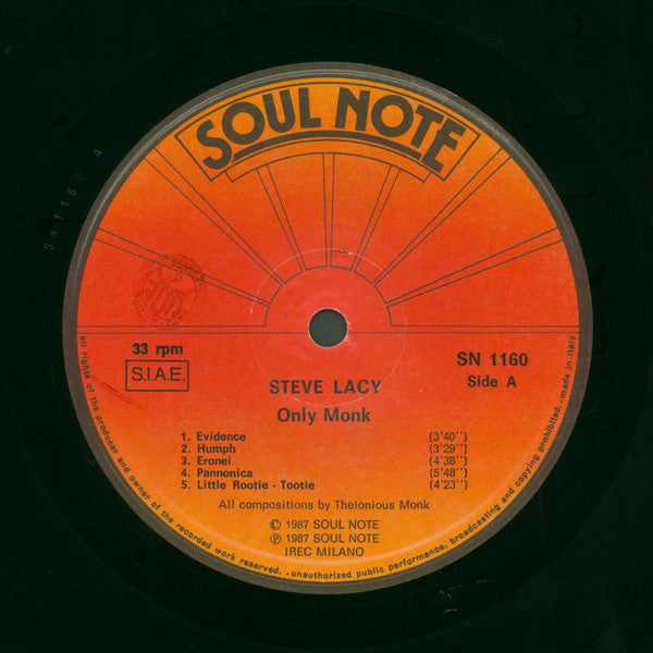 Image of Label Cover of LP - VG+/EX - STEVE LACY, Only Monk (Soul Note; SN 1160, Italy 1987), ,  - 2226057E