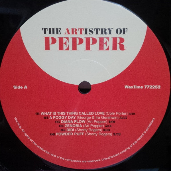 Image of Label Cover of LP - VG+/EX - ART PEPPER, The Artistry Of Pepper (WaxTime; 772252, Europe 2018 Reissue, Limited Edition, Remastered, Mono, 180g), ,  - 2226059E