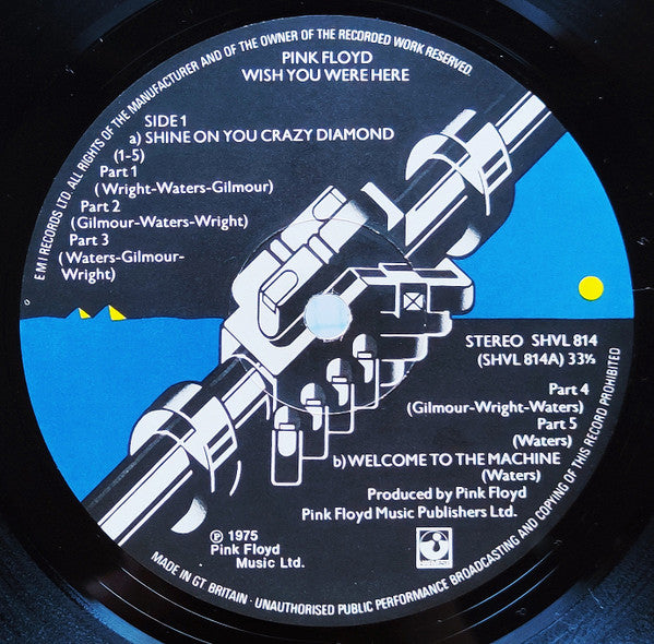 Image of Label Cover of LP - VG+/G+ - PINK FLOYD, Wish You Were Here (Harvest; SHVL 814, UK 1976 Reissue, Stickered Black Shrinkwrap , Inner With Rounded Corners, Postcard, A6 / B13 HTM. 2nd Issue), Strong G+, Wispy marks and hairlines, Sticker well attached to shrinkwrap, Shrinkwrap split along top edge but mostly intact with a couple of small tears, With postcard. ,  - 2216082C