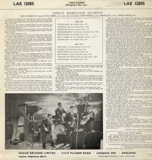 Image of Back Cover of LP - VG/G+ - THE CHICO HAMILTON QUINTET, Chico Hamilton Quintet (Vogue Records; LAE 12085, UK 1958, Laminated Flipback Sleeve, Mono), Some staining and laminate peeling to sleeve but nice for its age. Disc has quite a few light marks and a dull sheen - plays well!,  - 2216258C