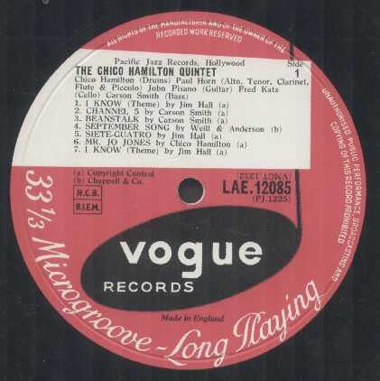 Image of Label Cover of LP - VG/G+ - THE CHICO HAMILTON QUINTET, Chico Hamilton Quintet (Vogue Records; LAE 12085, UK 1958, Laminated Flipback Sleeve, Mono), Some staining and laminate peeling to sleeve but nice for its age. Disc has quite a few light marks and a dull sheen - plays well!,  - 2216258C