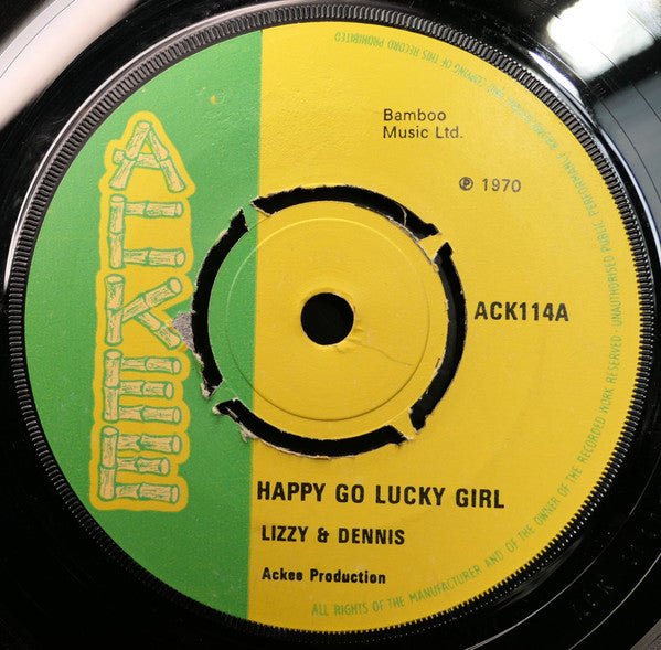 Image of Front Cover of 7" - /G+ - LIZZY LIZZY & DENNIS ALCAPONE / BOBBY JAMES & DAVE BARKER, Happy Go Lucky Girl / Sammy (Ackee; ACK 114, UK 1970, 4-Prong Centre), No centre piece, WOL.,  - 2226167E