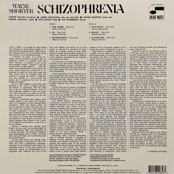 Image of Back Cover of LP - NEW/NEW - WAYNE SHORTER, Schizophrenia (Bluenote; BST84297, Worldwide 2023 Reissue, Gatefold, 180 Gram Vinyl), , Gleefully traducing the boundaries between post-bop and free jazz, Wayne Shorter s eleventh album  Schizophrenia  was released in 1969 having been recorded two years previously. A comparatively hidden gem of the vast Blue Note archive, it includes five Shorter compositions and one written by saxophonist James Spaulding, and features backing from some incredible musicia