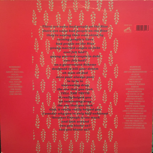 Image of Back Cover of 12" - VG+/VG - MORRISSEY, Interesting Drug (His Master's Voice Red Labels; 12POP 1621, UK 1989, Picture Sleeve), Vinyl is strong VG - just a few light hairlines on Side B. ,  - 3126108E