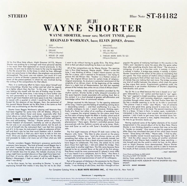 Image of Back Cover of LP - NEW/NEW - WAYNE SHORTER, Juju (Bluenote; ST-84182, Worldwide 2024 Reissue), , 1964 was a momentous year in the musical life of Wayne Shorter. At the start of the year the saxophonist was still a member of Art Blakey & The Jazz Messengers, appearing on classic Blue Note albums like Free for All and Indestructible. Shorter made his own auspicious label debut that spring with Night Dreamer and that summer he joined the Miles Davis Quintet cementing a line-up that would become one of