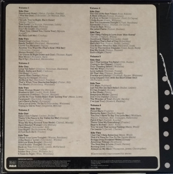 Image of Back Cover of 7xLP - VG/VG+ - ELVIS PRESLEY, Elvis Presley's Greatest Hits (Reader's Digest; GELV-6A, UK 1978 Reissue, Box Set, 7 Inners, NO Booklet, Certificate, Made In England On Labels), ,  - 2216234C