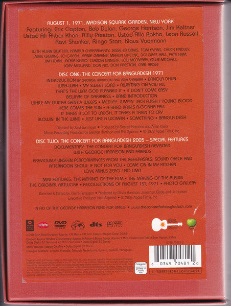 Image of Back Cover of 2xDVD - VG+/EX - VARIOUS, The Concert For Bangladesh (Apple Records; 0349-70481-2, Europe 2005, Box Set, 2 Inserts & Book, Poster, 2 x DVD, DVD-Video, PAL, Limited Edition. 10x post cards. Apple sticker), ,  - 2236108E