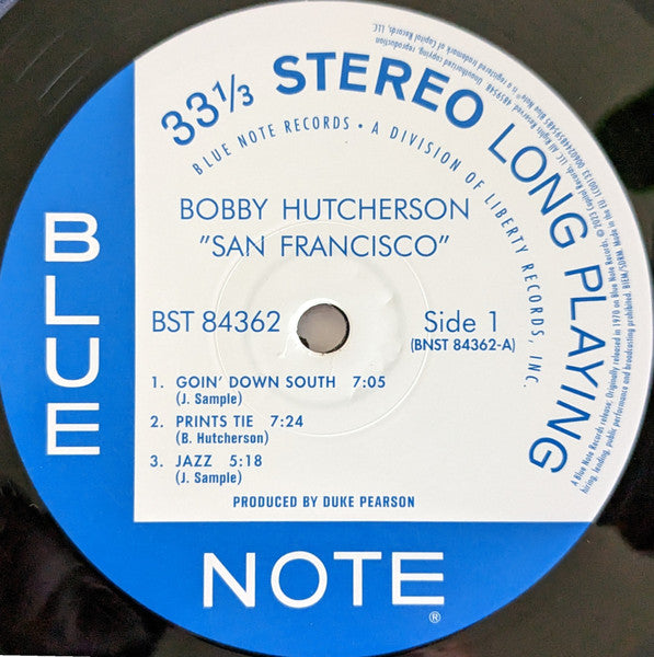 Image of Label Cover of LP - NEW/NEW - BOBBY HUTCHERSON, San Francisco (Blue Note; BST-84362, Worldwide 2023 Reissue), , The musical partnership between vibraphonist Bobby Hutcherson and tenor saxophonist Harold Land fully blossomed on the 1970 album San Francisco, which found the musicians moving into fusion territory with relentlessly grooving tunes like 'Goin' Down South' and 'Ummh' counterbalanced by exploratory pieces like the mesmerizing 'Prints Tie.' This Blue Note Classic Vinyl Edition is stereo, al