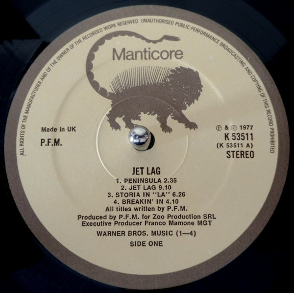 Image of Label Cover of LP - G+/VG - PREMIATA FORNERIA MARCONI - PFM, Jet Lag (Manticore; K 53511, UK 1977, Inner), ,  - 2226244E