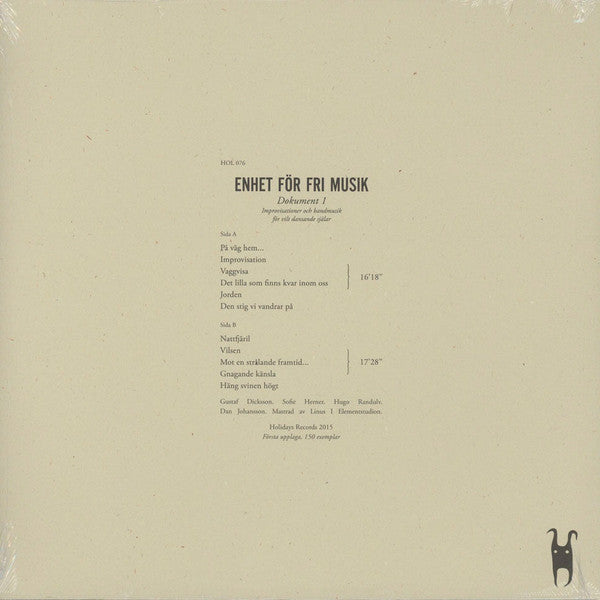 Image of Back Cover of LP - EX/EX - ENHET F R FRI MUSIK, Dokument 1: Improvisationer Och Bandmusik F r Vilt Dansande Sj lar (Holidays Records ; HOL 076, Italy 2015, Inner, Limited Edition of 150), ,  - 2226216E
