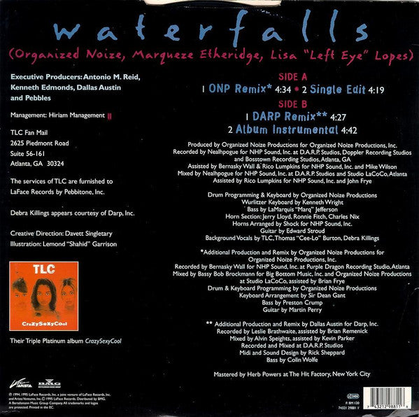 Image of Back Cover of 12" - G/VG - TLC, Waterfalls (Arista; 74321 298811, UK 1995, Picture Sleeve), Rips along sleeve opening. Some wear and creasing too; sticker ghost on reverse,  - 2216329C