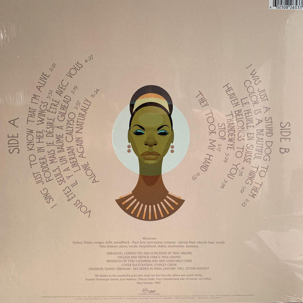 Image of Back Cover of LP - NEW/NEW - NINA SIMONE, Fodder On My Wings (Verve; 00602508265334, Europe 2020 Reissue), , Recorded in 1982, not long after she moved to Paris, Fodder On My Wings was one of Nina Simone's favorite albums. In addition to having written the music and lyrics for all but one of the album's 13 songs, the back cover proudly states that she "arranged, conducted and conceived" all of them. Originally recorded for a small French label and only sporadically available since its initial relea