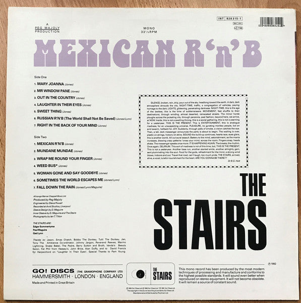Image of Back Cover of LP - VG/VG - THE STAIRS, Mexican R'n'B (Go! Discs; 828 315-1, UK 1992, Inner, Mono), Light wear all around. Nice copy.,  - 2246240S
