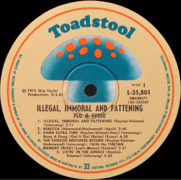 Image of Label Cover of LP - VG/VG+ - FLO & EDDIE, Illegal, Immoral And Fattening (Toadstool; L 35801, Australia 1975, Warning Stickered Sleeve, No Inner), ,  - 2216340C