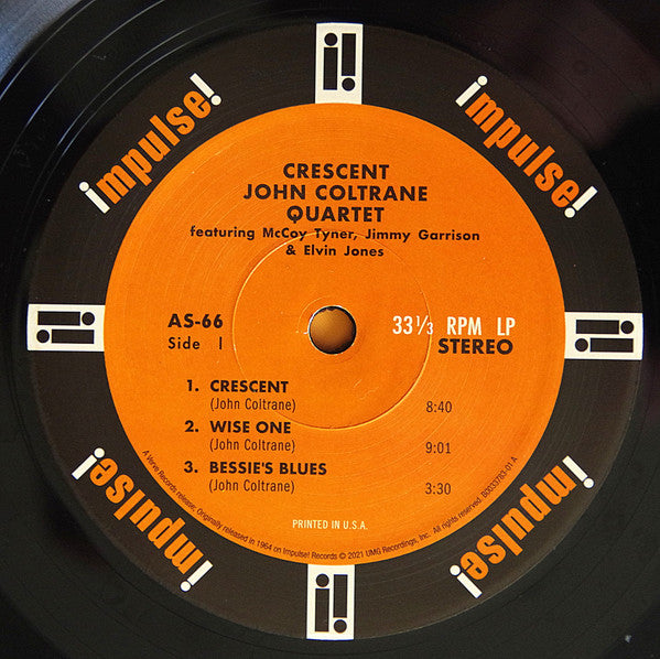 Image of Label Cover of LP - NEW/NEW - JOHN COLTRANE QUARTET, Crescent (Impulse!; B0033783-01, Europe 2022 Reissue, Gatefold, 180 Gram Vinyl), , With this 1964 album, John Coltrane firmly established himself as a most formative composer. The genius of John Coltrane literally rushes forth with his playing of these five compositions featuring McCoy Tyner, Jimmy Garrison and Elvin Jones.Seeking to offer definitive audiophile grade versions of some of the most historic and best jazz records ever recorded, Ver
