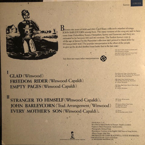 Image of Back Cover of LP - VG/VG - TRAFFIC, John Barleycorn Must Die (Island Records Rainbow Rim Labels; ILPS 9116, UK 1987, Stickered Sleeve, Company Inner), Light sleeve wear, A few marks on the run in dead wax, Playing surfaceis clean and glossy,  a few hairlines. ,  - 2216320C