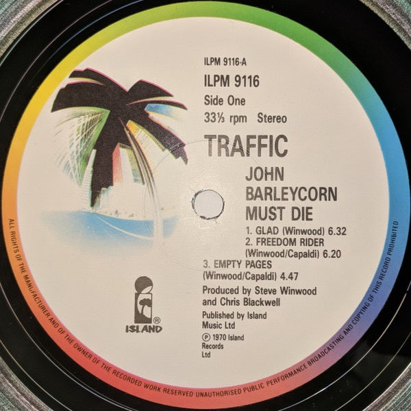 Image of Label Cover of LP - VG/VG - TRAFFIC, John Barleycorn Must Die (Island Records Rainbow Rim Labels; ILPS 9116, UK 1987, Stickered Sleeve, Company Inner), Light sleeve wear, A few marks on the run in dead wax, Playing surfaceis clean and glossy,  a few hairlines. ,  - 2216320C
