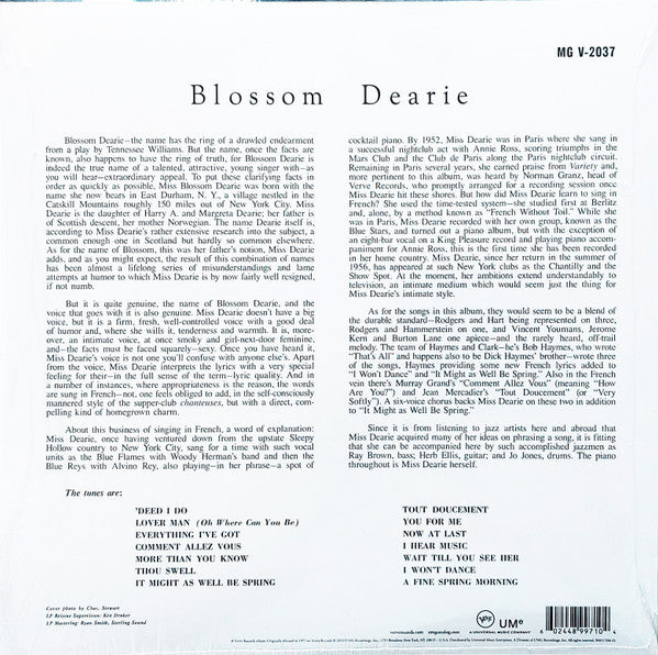 Image of Back Cover of LP - NEW/NEW - BLOSSOM DEARIE, Blossom Dearie (Verve Records; B0037206-01, Worldwide 2023 Reissue, 180 Gram Vinyl, Mono), , In her first recording for Verve, Blossom Dearie showcases her sense of swing and her first-class piano playing on this self-titled 1957 gem. Dearie surveys the Great American Songbook on standouts like   Deed I Do  and  Thou Swell , as well as three songs sung in French! - 2216370C
